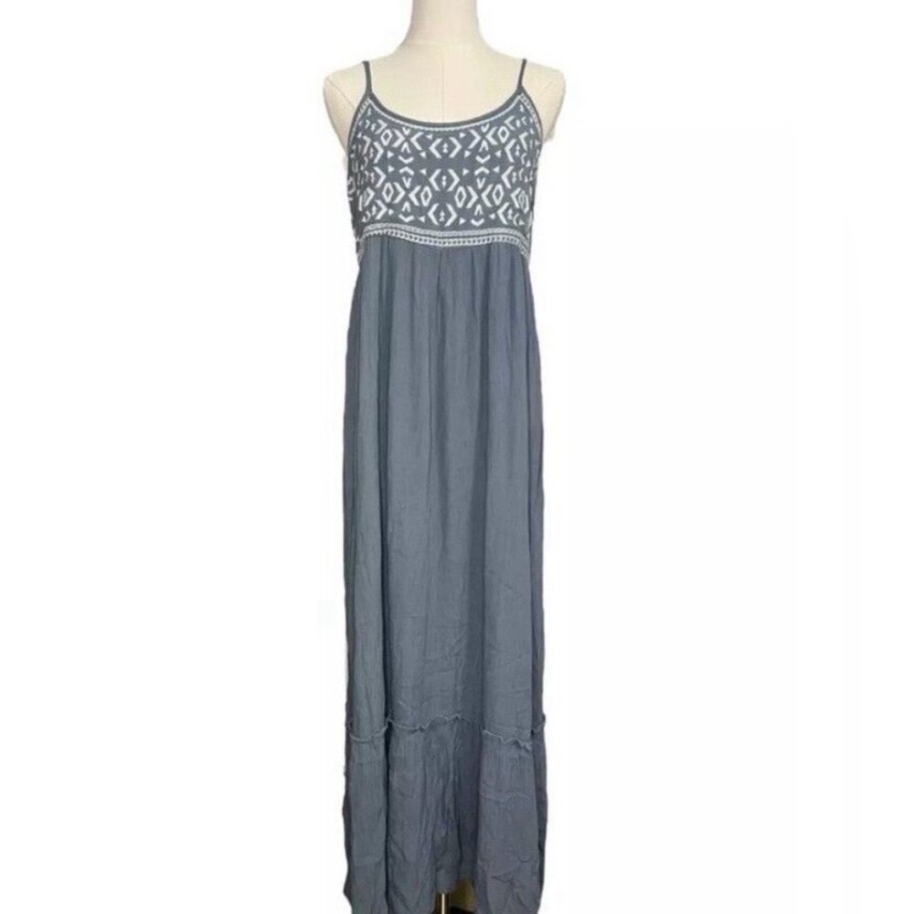 Sim & Sam Dusty Blue With White Embroidery Maxi Dress Women’s Size M